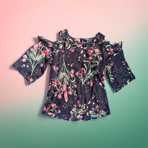 ROZ & ALI 2X Cold Shoulder Floral Swiss Dot Ruffle Accent Blouse Top